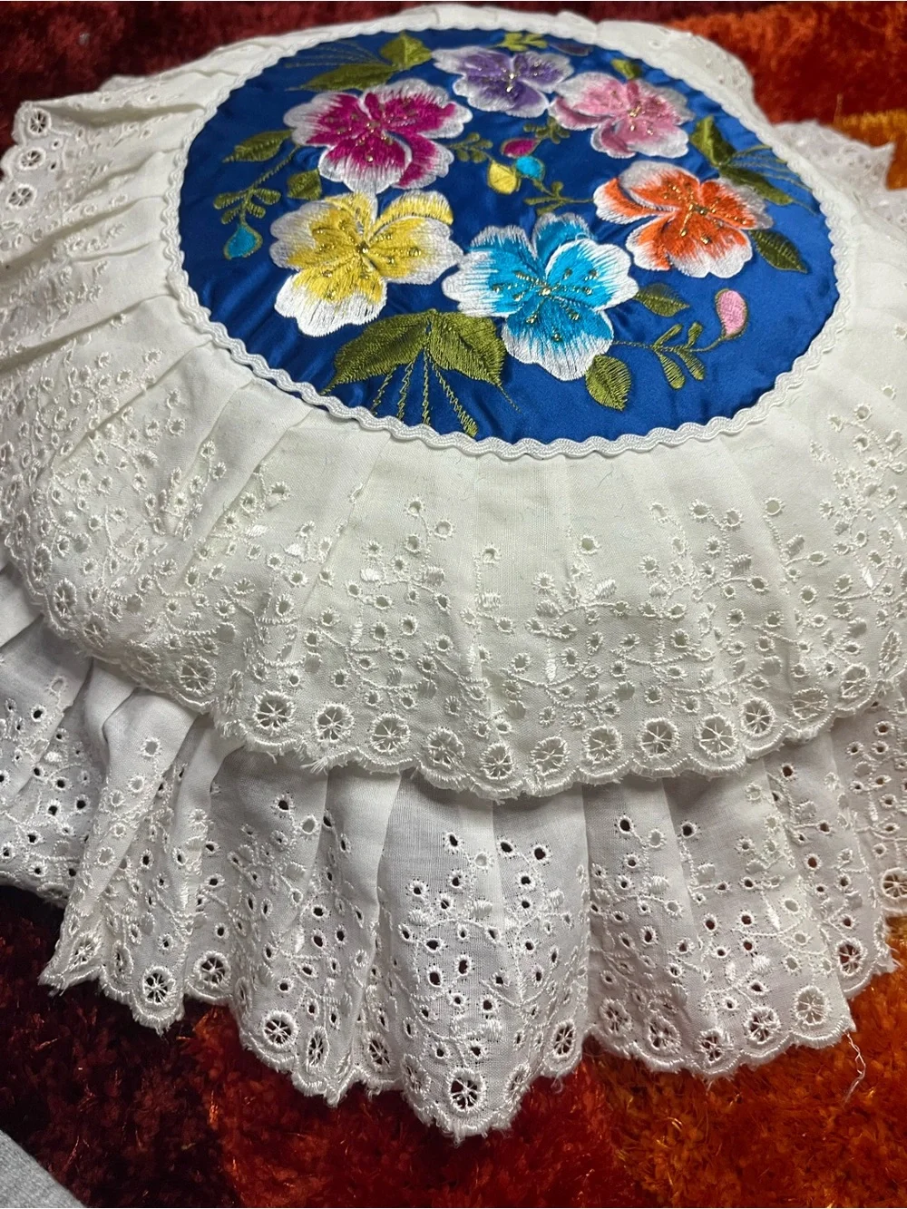 Vintage Blue Floral Embroidered Decorative Pillow with White Eyelet Ruffle